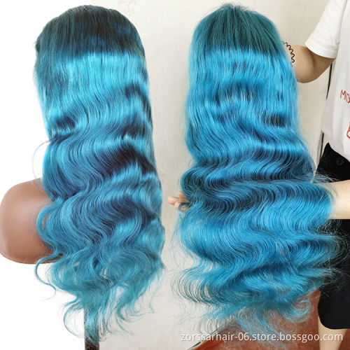 Body wave pre plucked 613 dyed blue lace frontal wigs for black women transparent hd lace wigs human hair full lace front wigs